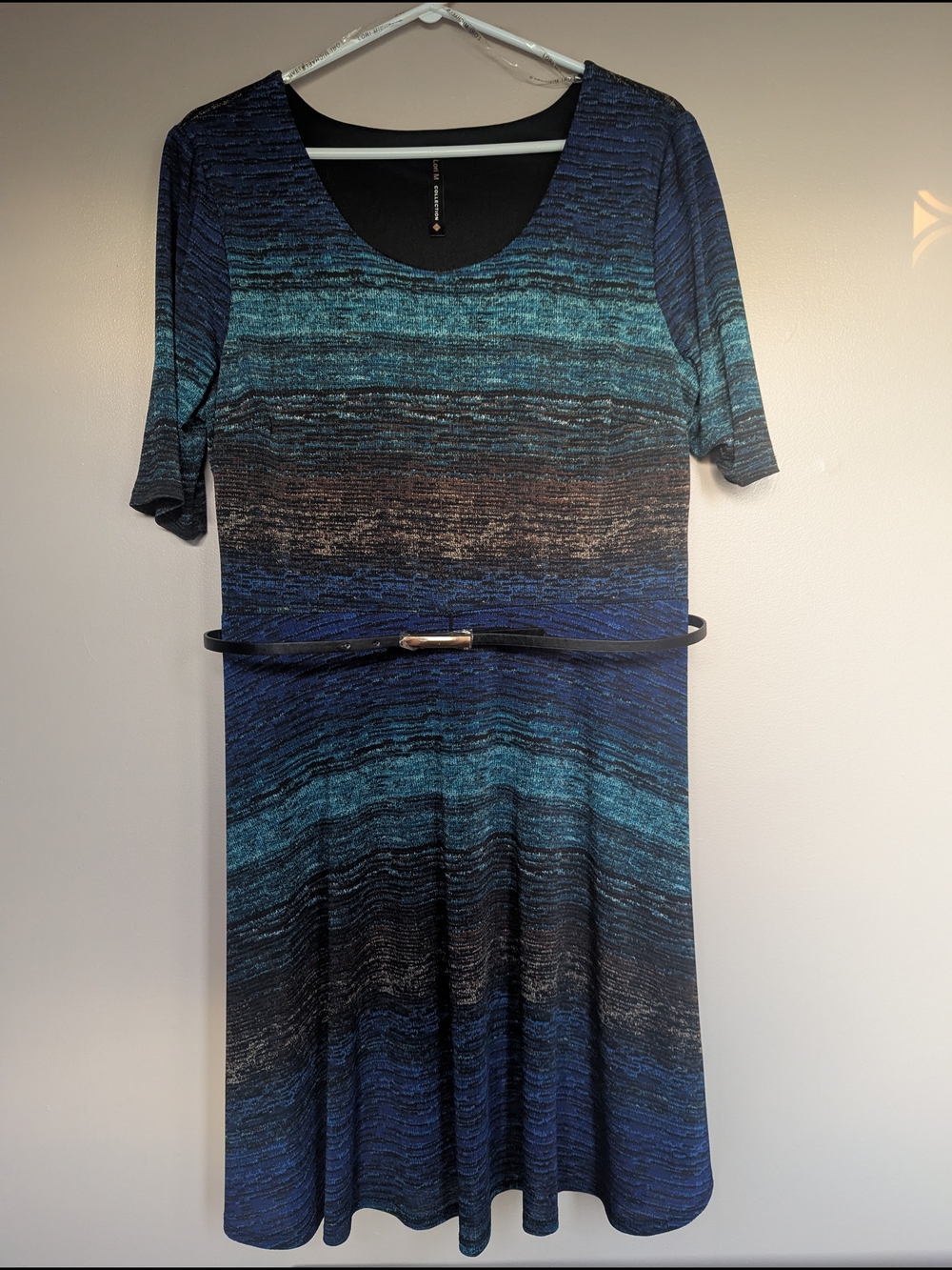 Blue Ombre Scoop-Neck Midi Dress with Belt